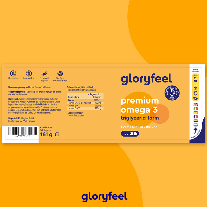 Etikett für Omega-3-TG-Form-Kapseln der gloryfeel GmbH mit Nährwertangaben, Zutaten und Produktdetails. Die Packung enthält 120 Kapseln, die jeweils Omega-3-Fettsäuren mit 500 mg EPA und 250 mg DHA enthalten.