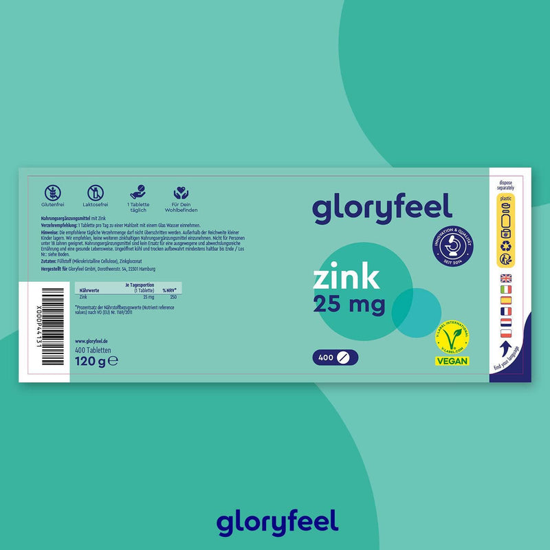 Blau-grüne Verpackung für die „Zink Tabletten“ der gloryfeel GmbH; mit Veganitäts- und Qualitätszertifikat. Inhalt: 400 Tabletten mit einem Gesamtgewicht von 120 g.