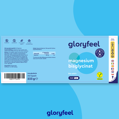 Etikett der Magnesiumbisglycinat-Kapseln der gloryfeel GmbH mit 240 Kapseln. Das Design ist blau mit weiß-gelbem Text und zeigt Nährwertangaben und Zertifizierungen.