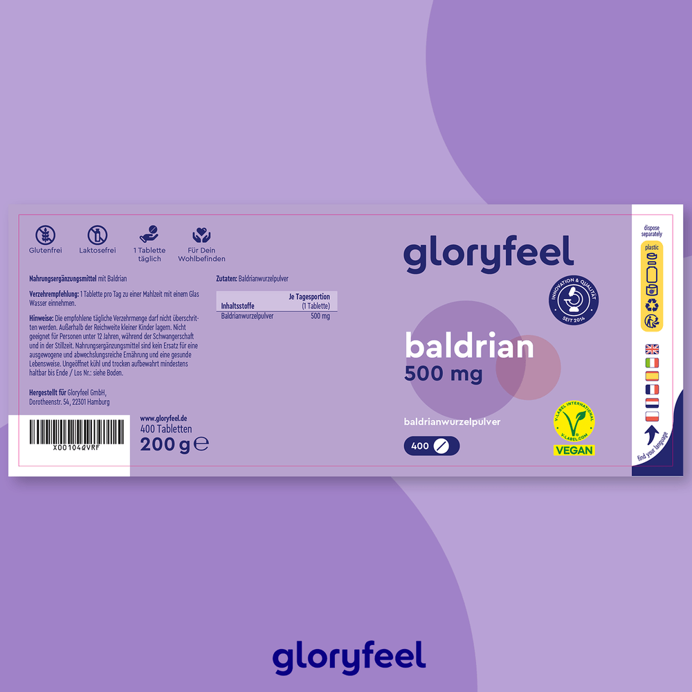 Das Bild zeigt das violett-weiße Etikett der Baldrian-Tabletten (500 mg, 400 Stück) der gloryfeel GmbH mit den Symbolen für vegan und gentechnikfrei sowie einem deutschen Text.