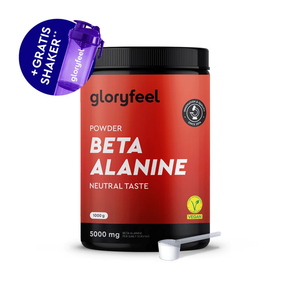 Eine 1000g Dose des gloryfeel GmbH Beta Alanin Pulvers, das als vegan gekennzeichnet ist, bietet 5000mg pro Portion und enthält einen kostenlosen lila Shaker plus weißen Messlöffel.