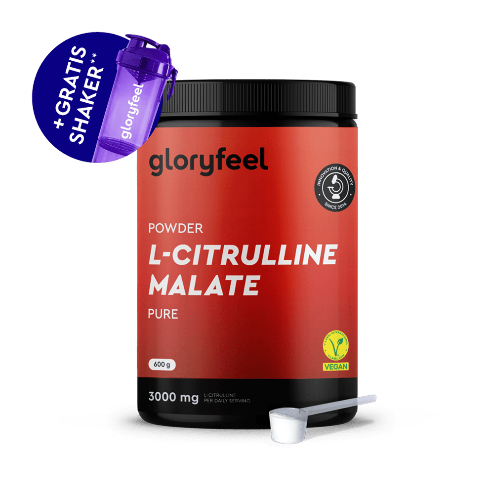 Eine 600g Dose gloryfeel GmbH L-Citrullin Malat Pulver (3000mg/Portion), die als vegan gekennzeichnet ist, wird mit einem Messlöffel und einem kostenlosen lila Shaker-Becher geliefert.