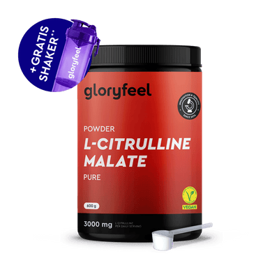 Eine 600g Dose gloryfeel GmbH L-Citrullin Malat Pulver (3000mg/Portion), die als vegan gekennzeichnet ist, wird mit einem Messlöffel und einem kostenlosen lila Shaker-Becher geliefert.