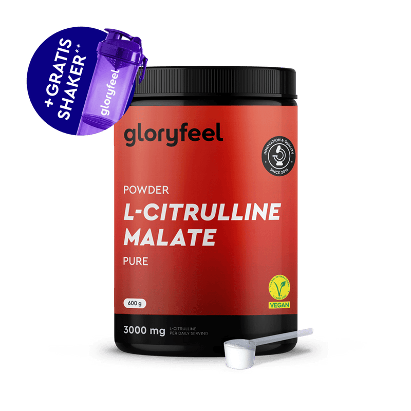 Eine 600g Dose gloryfeel GmbH L-Citrullin Malat Pulver (3000mg/Portion), die als vegan gekennzeichnet ist, wird mit einem Messlöffel und einem kostenlosen lila Shaker-Becher geliefert.