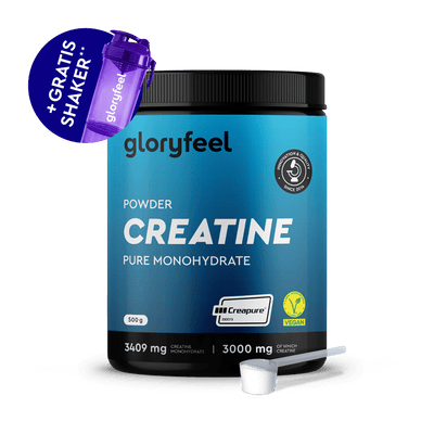 Eine Dose gloryfeel GmbH Kreatin Pulver mit einem Schöpflöffel, daneben ein kostenloser lila Shaker.