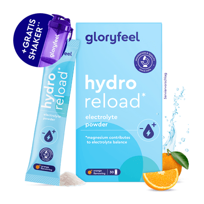 Gloryfeel GmbH Elektrolyte Pulver Beutel und Box in der Geschmacksrichtung Orange, gratis lila Shaker, Orangenscheibe und Wasserspritzer.