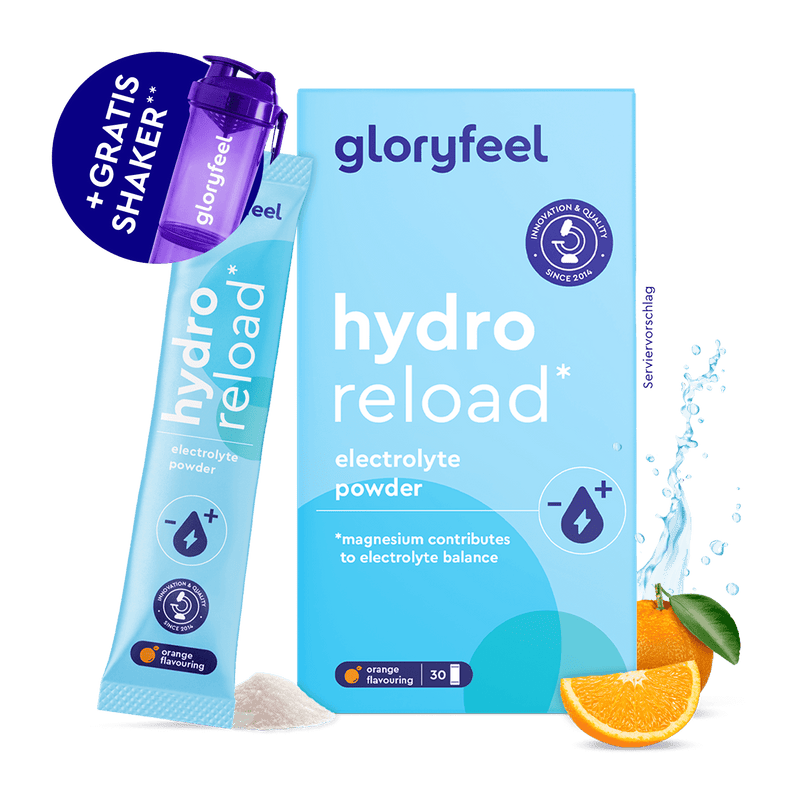 Gloryfeel GmbH Elektrolyte Pulver Beutel und Box in der Geschmacksrichtung Orange, gratis lila Shaker, Orangenscheibe und Wasserspritzer.