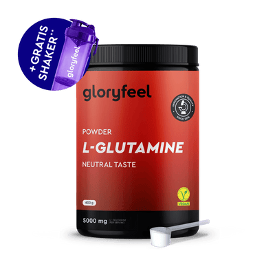 Oben links ist eine Dose gloryfeel GmbH L-Glutamin Pulver mit einem Messlöffel und einem kostenlosen lila Shaker abgebildet.