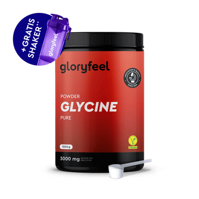 Rote Dose L-Glycin Pulver von gloryfeel GmbH (1000g, vegan), mit einer weißen Schaufel und einem lilafarbenen Gratis-Shaker in der oberen linken Ecke.