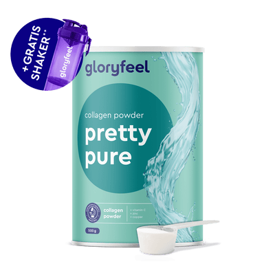 Eine Dose gloryfeel GmbH Kollagen Pulver Pretty Pure mit Hyaluronsäure, ein Messlöffel und eine lila "+GRATIS SHAKER" Flasche.