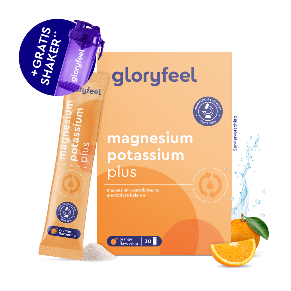 Gloryfeel GmbH Magnesium Kalium Sticks Box, ein einzelner Stick, Orangenscheiben, Pulver, Sprühwasser und ein kostenloser lila Shaker.