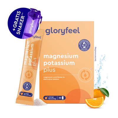 Gloryfeel GmbH Magnesium Kalium Sticks Box, ein einzelner Stick, Orangenscheiben, Pulver, Sprühwasser und ein kostenloser lila Shaker.