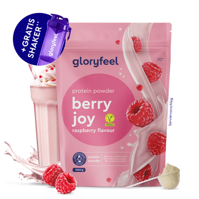 Pinke Packung gloryfeel GmbH Proteinpulver Himbeer-Joghurt mit Himbeeren, einem Shake-Glas, Protein-Messlöffel, sowie einem kostenlosen lila Shaker. Genießen Sie hohen Proteingehalt in jeder Portion!.