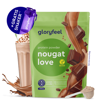 Gloryfeel GmbH Proteinpulver Nougat: Eiweißreiches Pulver mit Schokoladenstückchen und Nougatgeschmack für den Muskelaufbau, inklusive kostenloser lila Shakerflasche.