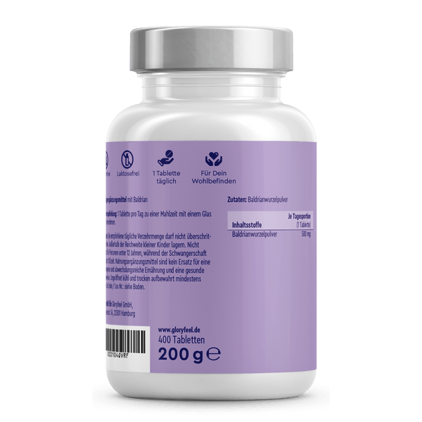 Eine lila-weiße Flasche mit der Aufschrift „Baldrian Tabletten“ der gloryfeel GmbH enthält Baldrianwurzelpulver, 400 Tabletten, 200 g, mit deutscher Gebrauchsanweisung.