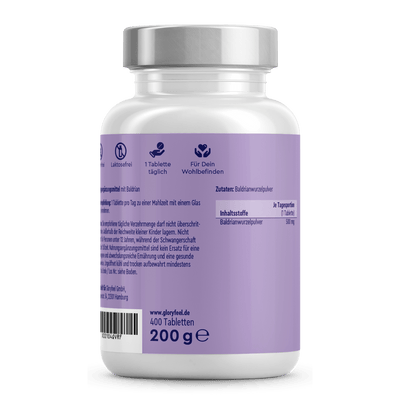 Eine lila-weiße Flasche mit der Aufschrift „Baldrian Tabletten“ der gloryfeel GmbH enthält Baldrianwurzelpulver, 400 Tabletten, 200 g, mit deutscher Gebrauchsanweisung.