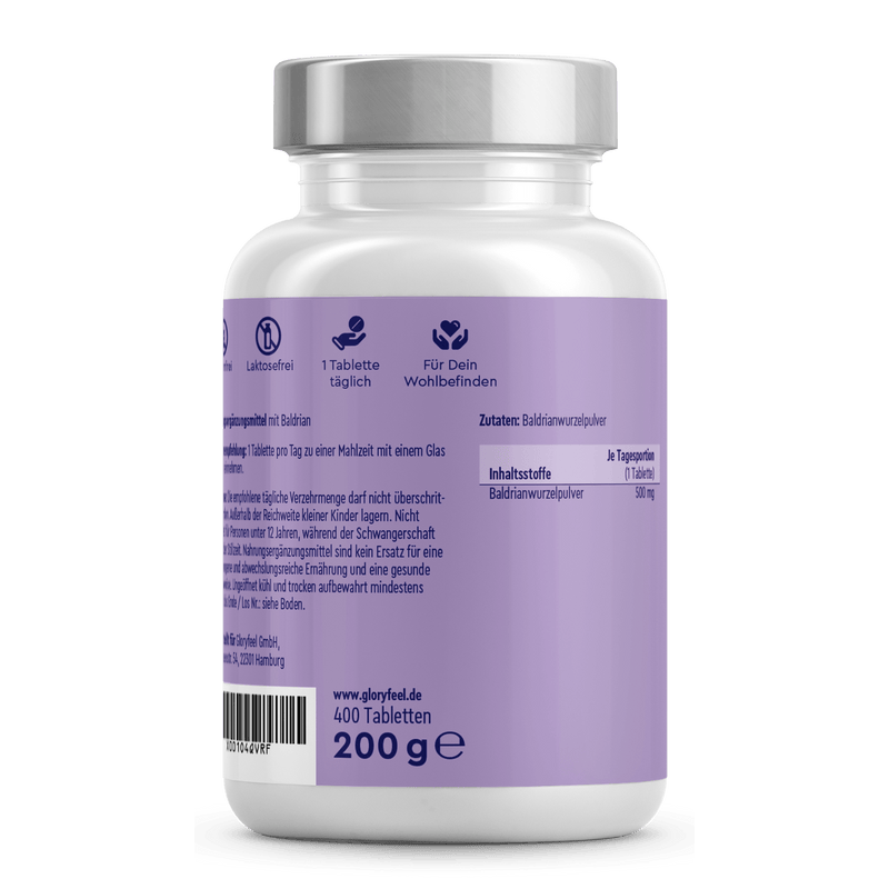 Eine lila-weiße Flasche mit der Aufschrift „Baldrian Tabletten“ der gloryfeel GmbH enthält Baldrianwurzelpulver, 400 Tabletten, 200 g, mit deutscher Gebrauchsanweisung.