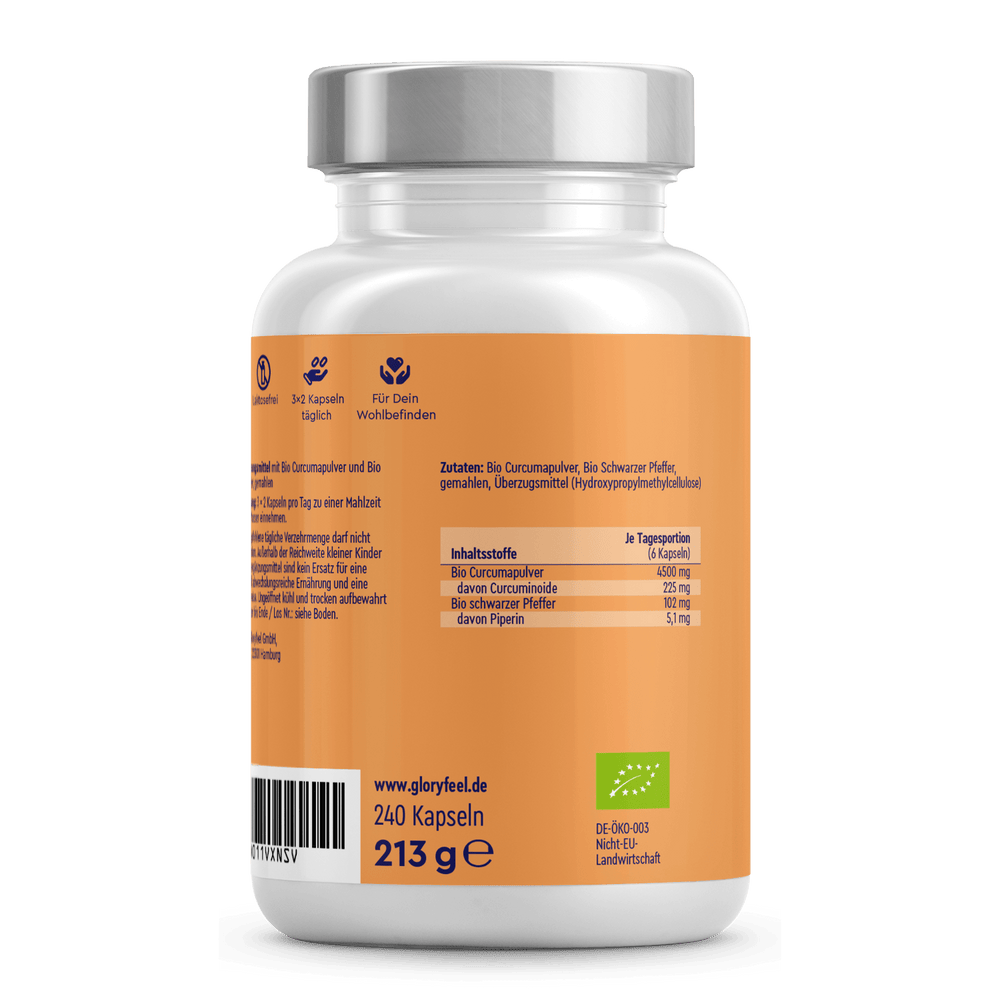 Die Bio Curcuma Kapseln der gloryfeel GmbH sind eine orangefarbene Nahrungsergänzungsflasche mit weißem Verschluss. Produktinformationen, Inhaltsstoffe und Nährwertangaben sind auf Deutsch angegeben. Sie enthalten 240 Kapseln mit einem Gesamtgewicht von 213 Gramm.