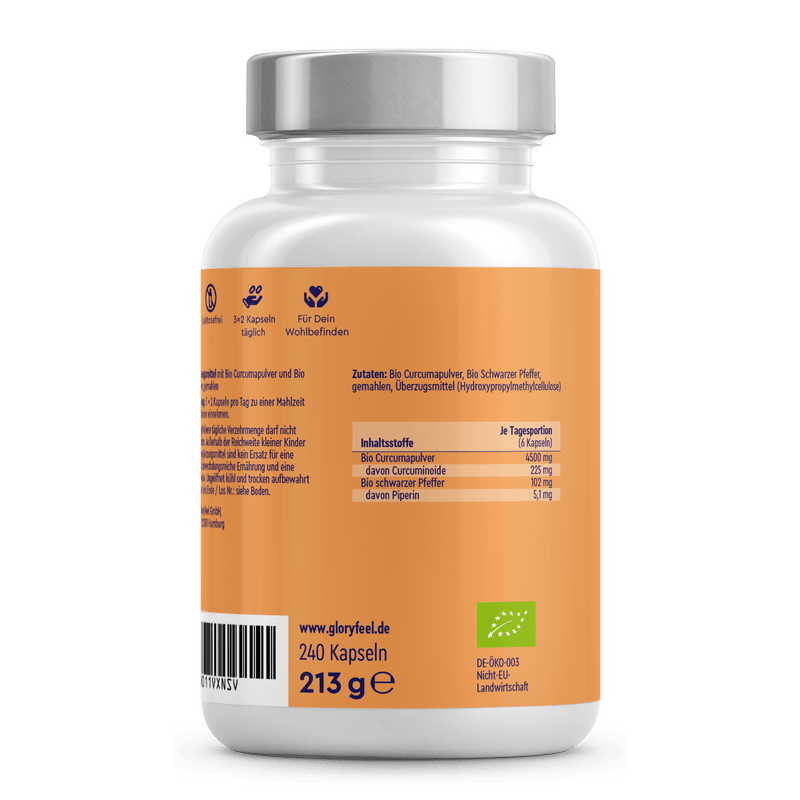Die Bio Curcuma Kapseln der gloryfeel GmbH sind eine orangefarbene Nahrungsergänzungsflasche mit weißem Verschluss. Produktinformationen, Inhaltsstoffe und Nährwertangaben sind auf Deutsch angegeben. Sie enthalten 240 Kapseln mit einem Gesamtgewicht von 213 Gramm.