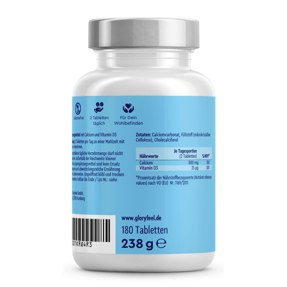 Eine Flasche mit 180 „Calcium + Vitamin D3 Tabletten“ der gloryfeel GmbH, mit deutscher Beschriftung und Nährwertangaben und Zutaten auf der Rückseite.