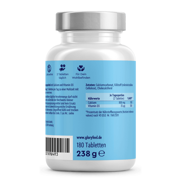 Eine Flasche mit 180 „Calcium + Vitamin D3 Tabletten“ der gloryfeel GmbH, mit deutscher Beschriftung und Nährwertangaben und Zutaten auf der Rückseite.