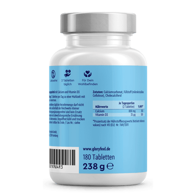 Eine Flasche mit 180 „Calcium + Vitamin D3 Tabletten“ der gloryfeel GmbH, mit deutscher Beschriftung und Nährwertangaben und Zutaten auf der Rückseite.