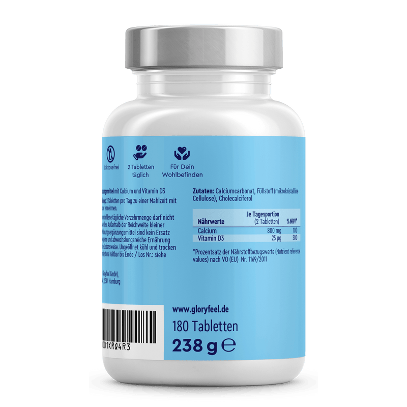 Eine Flasche mit 180 „Calcium + Vitamin D3 Tabletten“ der gloryfeel GmbH, mit deutscher Beschriftung und Nährwertangaben und Zutaten auf der Rückseite.