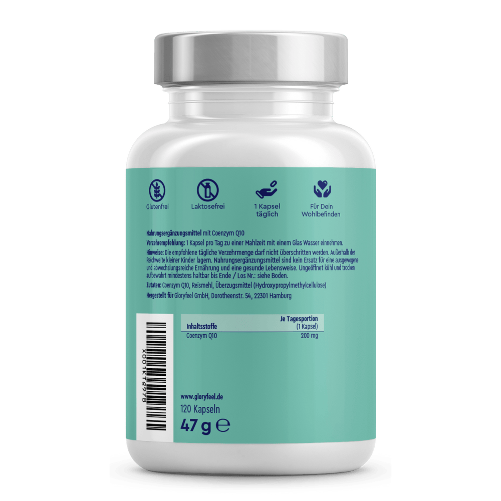 Eine 47g Flasche Coenzym Q10 Kapseln der gloryfeel GmbH, weiß und blaugrün, enthält 120 gluten- und laktosefreie Kapseln mit deutschen Angaben auf dem Rückenetikett.