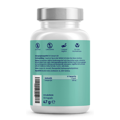 Eine 47g Flasche Coenzym Q10 Kapseln der gloryfeel GmbH, weiß und blaugrün, enthält 120 gluten- und laktosefreie Kapseln mit deutschen Angaben auf dem Rückenetikett.