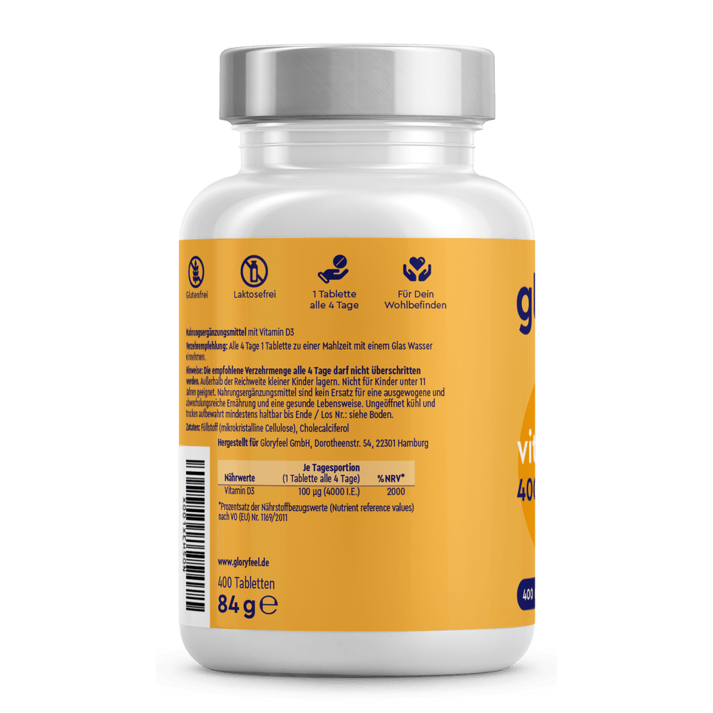 Weiße Flasche mit gelbem Etikett mit deutschem Text zum Thema Nahrungsergänzungsmittel; Produkt: Vitamin D3 Tabletten 4000 I.E. von gloryfeel GmbH.