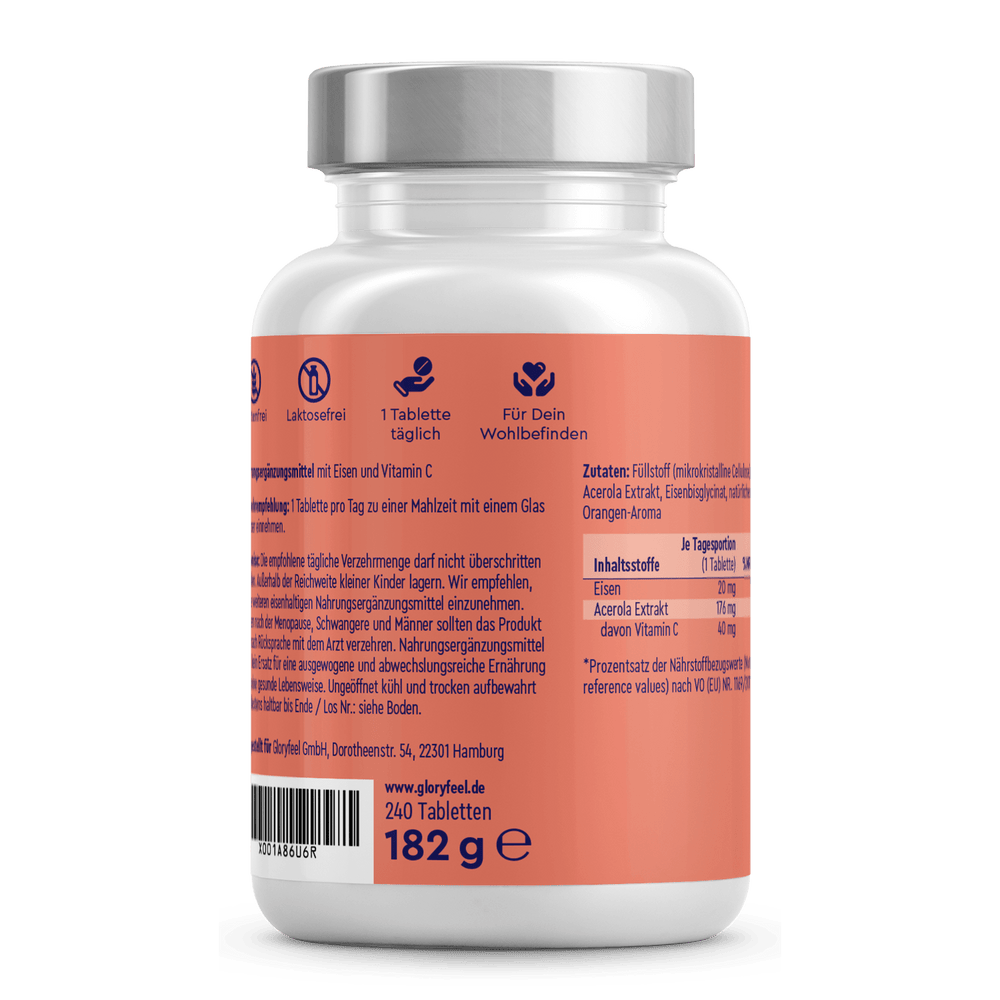 Eine 182 g schwere, weiß-orange Flasche der gloryfeel GmbH mit dem Namen „Eisen + Vitamin C Tabletten“ enthält 240 Tabletten. Das Etikett enthält Dosierungsanweisungen und listet Inhaltsstoffe wie Vitamin C und Acerola-Extrakt auf.