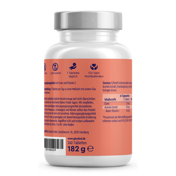 Eine 182 g schwere, weiß-orange Flasche der gloryfeel GmbH mit dem Namen „Eisen + Vitamin C Tabletten“ enthält 240 Tabletten. Das Etikett enthält Dosierungsanweisungen und listet Inhaltsstoffe wie Vitamin C und Acerola-Extrakt auf.