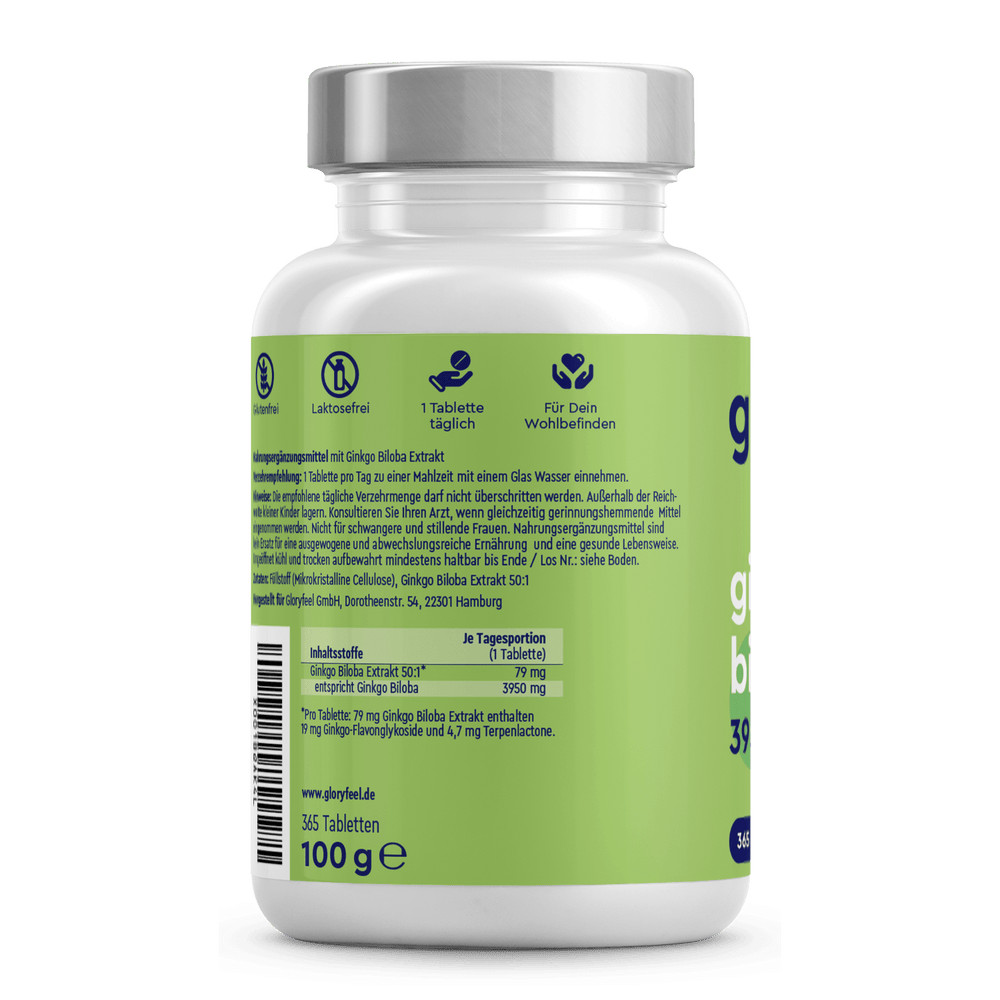 Eine grüne Flasche „Ginkgo biloba Tabletten“ der gloryfeel GmbH mit weißem Verschluss trägt den deutschen Text und Zutatenangaben wie „Ginkgo-Baum“-Extrakt auf dem Etikett. Sie enthält 365 Tabletten mit einem Gewicht von 100 g.