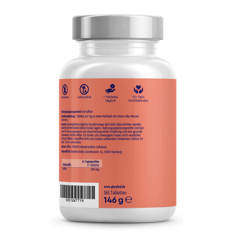 Weiß-orangefarbene Flasche mit Koffein-Tabletten als Nahrungsergänzungsmittel der gloryfeel GmbH, mit deutscher Beschriftung, enthält 365 Tabletten.