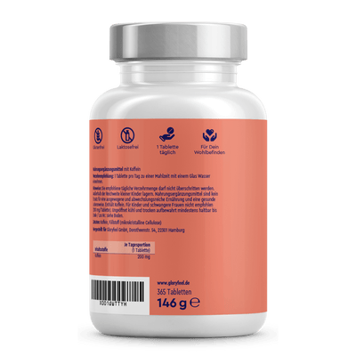 Weiß-orangefarbene Flasche mit Koffein-Tabletten als Nahrungsergänzungsmittel der gloryfeel GmbH, mit deutscher Beschriftung, enthält 365 Tabletten.