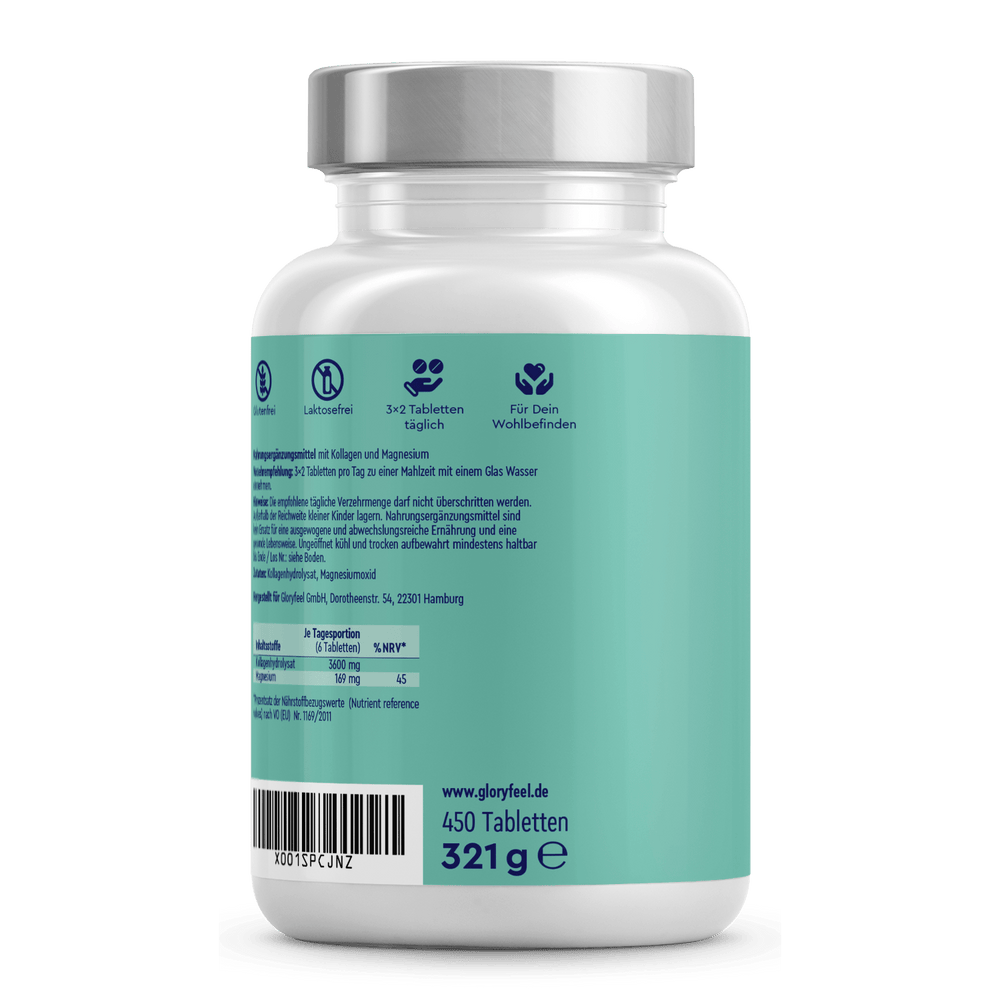 Eine Flasche Kollagen + Magnesium Tabletten von gloryfeel GmbH hat ein blaugrünes Etikett, enthält 450 Tabletten, wiegt 321 Gramm und verfügt über eine deutsche Anleitung, die auf die gesundheitserhaltenden Eigenschaften hinweist.