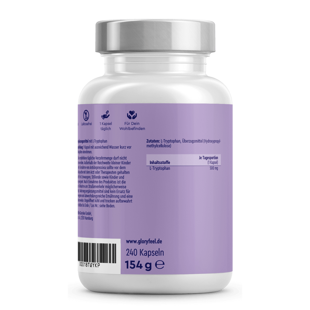 Eine 154 Gramm schwere lila-weiße Nahrungsergänzungsflasche der gloryfeel GmbH mit der Aufschrift „L-Tryptophan Kapseln“ enthält 240 Kapseln.