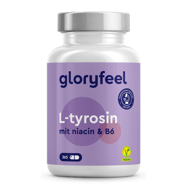 Eine vegane Flasche Gloryfeel GmbH L-Tyrosin Kapseln zur Nahrungsergänzung mit Niacin und B6, mit 365 Kapseln.