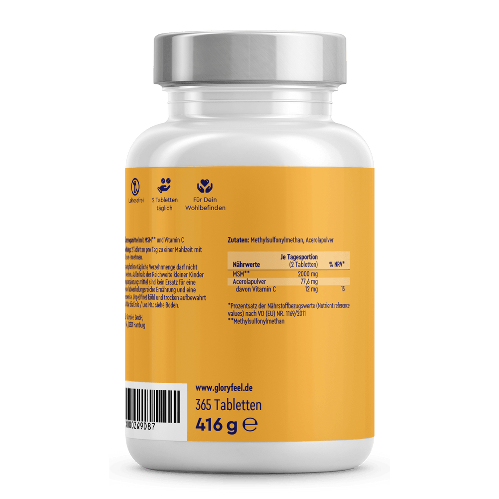 Eine 416g Flasche mit Metallverschluss der gloryfeel GmbH enthält 365 Tabletten des Nahrungsergänzungsmittels MSM + Vitamin C. Auf dem Etikett finden sich Nährwertangaben und die Website gloryfeel.de.