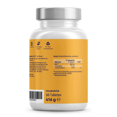 Eine 416g Flasche mit Metallverschluss der gloryfeel GmbH enthält 365 Tabletten des Nahrungsergänzungsmittels MSM + Vitamin C. Auf dem Etikett finden sich Nährwertangaben und die Website gloryfeel.de.