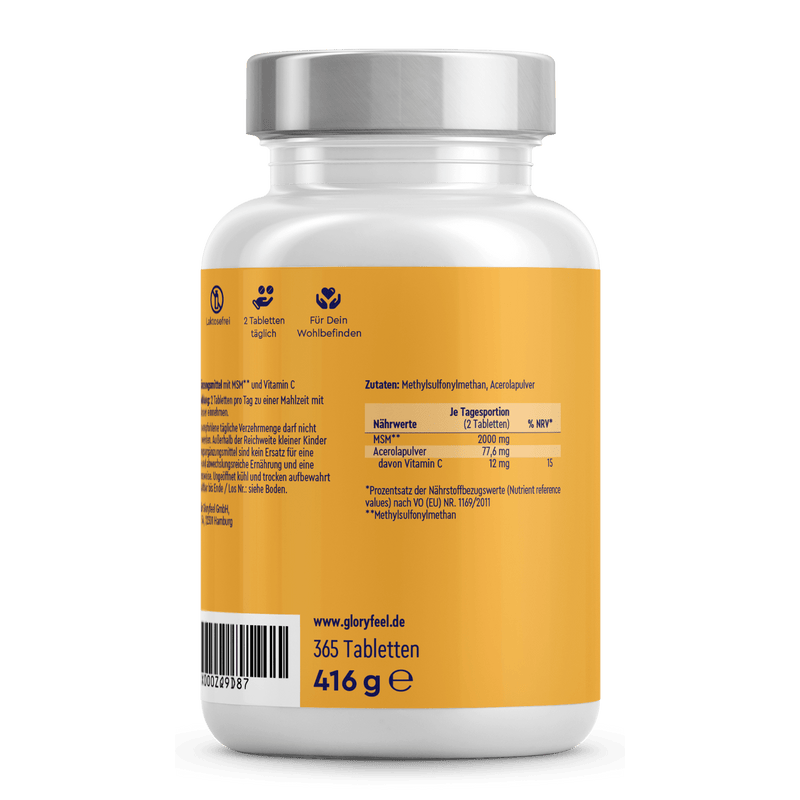 Eine 416g Flasche mit Metallverschluss der gloryfeel GmbH enthält 365 Tabletten des Nahrungsergänzungsmittels MSM + Vitamin C. Auf dem Etikett finden sich Nährwertangaben und die Website gloryfeel.de.