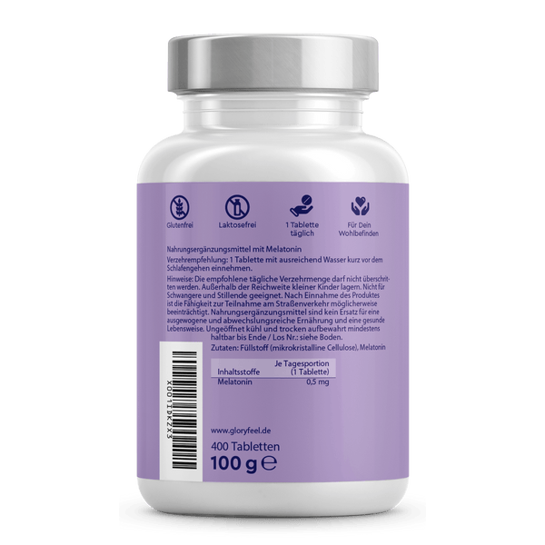 Die Melatonin-Tabletten der gloryfeel GmbH werden in einer weißen Flasche mit violettem Etikett geliefert und enthalten 400 Tabletten (insgesamt 100 g). Sie sind gluten- und laktosefrei. Die Gebrauchsanweisung und der Barcode sind gut sichtbar.