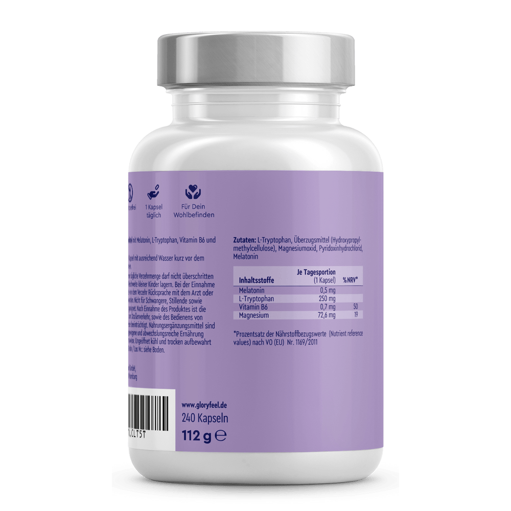Eine weiß-violette Flasche „Melatonin + L-Tryptophan Kapseln“ der gloryfeel GmbH enthält Nahrungsergänzungskapseln mit deutschsprachigen Zutaten- und Nährwertangaben.