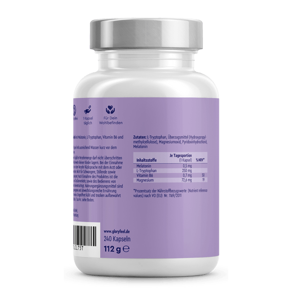 Eine weiß-violette Flasche „Melatonin + L-Tryptophan Kapseln“ der gloryfeel GmbH enthält Nahrungsergänzungskapseln mit deutschsprachigen Zutaten- und Nährwertangaben.