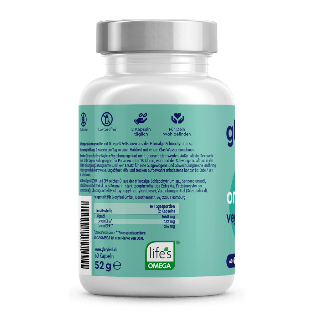 Eine Flasche vegane Omega-3-Kapseln der gloryfeel GmbH enthält detaillierte Informationen und Inhaltsstoffe zu Nahrungsergänzungsmitteln. Das vegane Produkt enthält 60 Kapseln, angereichert mit EPA und DHA, mit einem Gewicht von 52 Gramm.