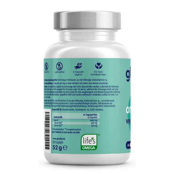 Eine Flasche vegane Omega-3-Kapseln der gloryfeel GmbH enthält detaillierte Informationen und Inhaltsstoffe zu Nahrungsergänzungsmitteln. Das vegane Produkt enthält 60 Kapseln, angereichert mit EPA und DHA, mit einem Gewicht von 52 Gramm.