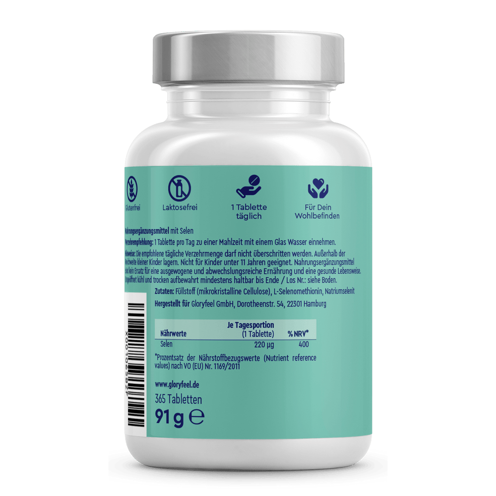 Eine blaugrün-weiße Flasche mit der Aufschrift „Selen Tabletten“ der gloryfeel GmbH zeigt Symbole und deutschen Text. Sie verfügt über einen weißen Verschluss und Nährwertangaben auf der Rückseite.