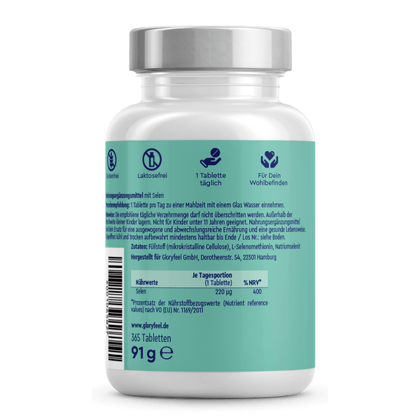 Eine blaugrün-weiße Flasche mit der Aufschrift „Selen Tabletten“ der gloryfeel GmbH zeigt Symbole und deutschen Text. Sie verfügt über einen weißen Verschluss und Nährwertangaben auf der Rückseite.