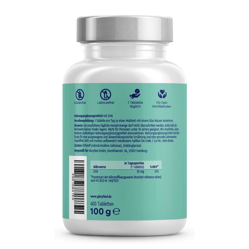 Eine weiße Flasche der gloryfeel GmbH trägt ein blaugrünes Etikett mit der Aufschrift „Zinkbisglycinat Tabletten“, das auf die gluten- und laktosefreien Eigenschaften hinweist. Sie enthält 400 Tabletten mit einem Gesamtgewicht von 100 g.