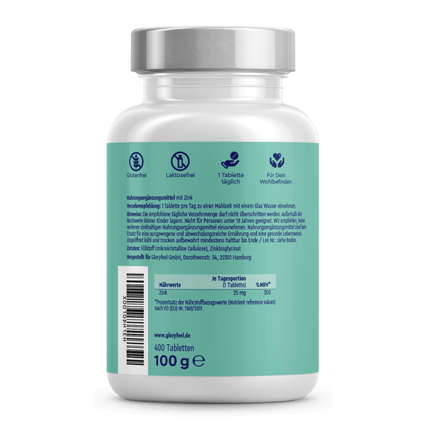 Eine weiße Flasche der gloryfeel GmbH trägt ein blaugrünes Etikett mit der Aufschrift „Zinkbisglycinat Tabletten“, das auf die gluten- und laktosefreien Eigenschaften hinweist. Sie enthält 400 Tabletten mit einem Gesamtgewicht von 100 g.